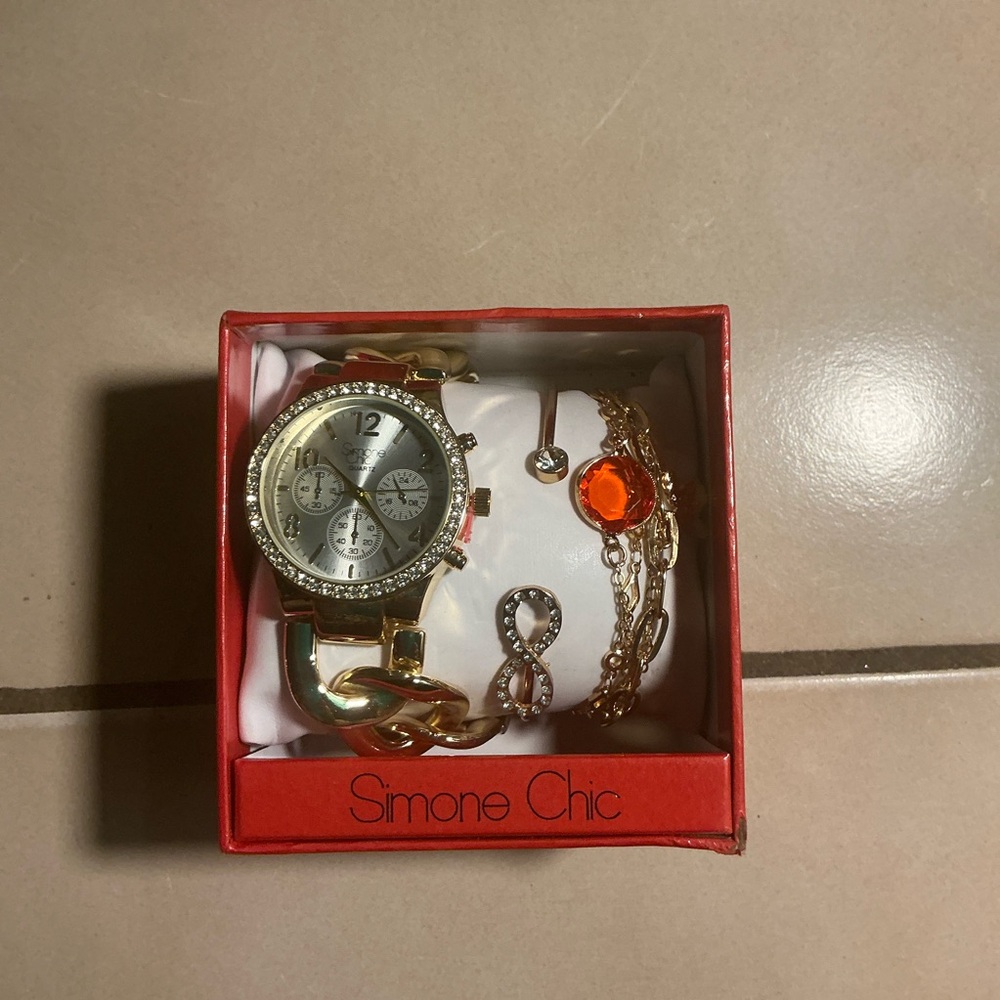 Gold Watch and Bracelet Set